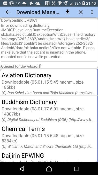 Aedict3 trying to download dictionaries