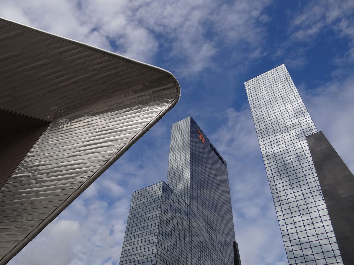 Stationsplein with new Central Station and offices of Nationale Nederlanden Insurance Company, Rotterdam, The Netherlands