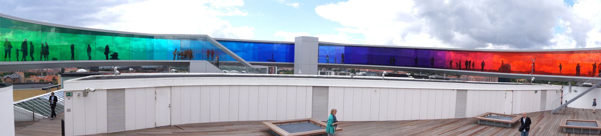 360 degree rooftop rainbow exhibit at ARoS (the Aarhus Art Museum).  Walking within the rainbow and viewing the external panorama in filtered colour makes the eyes go funny!